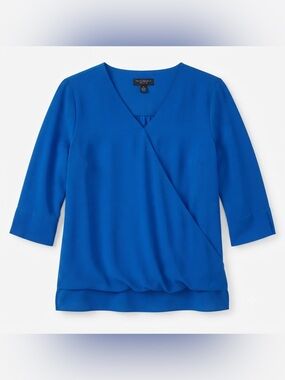 Investments Petites Blue Women's faux wrap crossover blouse, size medium petite